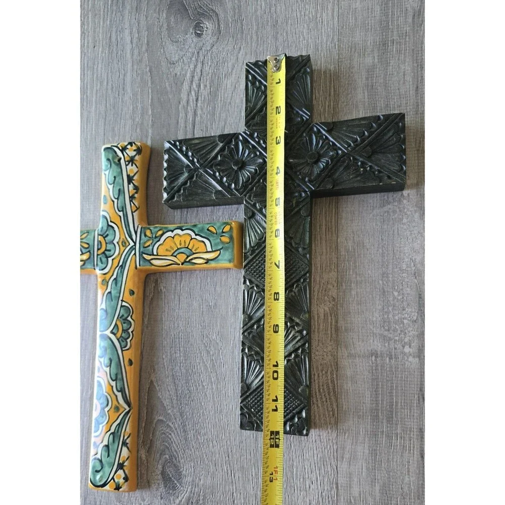 2 -  Large Cross Mexico Ceramic Pottery & Green Carved Wood Art